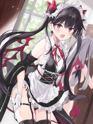 Rule 34 | 2girls, apron, black dress, black hair, black legwear, black panties, blurry, blurry background, blush, bow, breasts, commentary, corset, cross, cross earrings, day, demon tail, detached sleeves, dress, earrings, embarrassed, fang, garter straps, gloves, hair between eyes, hair bow, highres, indoors, jewelry, locker, locker room, long hair, looking at viewer, maid, maid apron, maid headdress, medium breasts, multiple girls, nanananana, neck ribbon, nude, open mouth, original, panties, panty pull, red bow, red eyes, red ribbon, ribbon, short dress, sideboob, silver hair, solo focus, sunlight, sweatdrop, symbol-only commentary, tail, thighhighs, thighs, twintails, two side up, underwear, white gloves, wide sleeves, window, wings