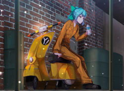 Rule 34 | 10s, 1girl, :o, arm at side, belt, black footwear, blunt bangs, bottle, bow, breast pocket, brick wall, building, collarbone, collared shirt, door, drum (container), full body, green bow, green hair, hair bow, holding, holding bottle, kantai collection, konkito, leaning forward, light, long sleeves, motion blur, motor vehicle, motorcycle, orange pants, orange shirt, outdoors, pants, parted lips, pocket, ponytail, shirt, shoes, short hair, sitting, snowing, solo, tareme, water bottle, wing collar, winter, yuubari (kancolle)