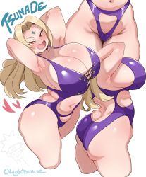 Rule 34 | 1girl, absurdres, armpits, arms up, ass, bikini, blonde hair, blush, breasts, brown eyes, butt crack, character name, cleavage, cowboy shot, curvy, deep skin, facial mark, forehead, highres, huge ass, huge breasts, large breasts, lightsource, naruto, naruto (series), naruto shippuuden, navel, open mouth, skindentation, solo, standing, stomach, swimsuit, thick thighs, thighs, tsunade (naruto), white background, wide hips