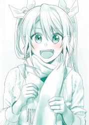 Rule 34 | 1girl, :d, blue theme, blush, bow, commentary request, fang, green theme, hair between eyes, hair bow, highres, jewelry, kantai collection, long hair, long sleeves, looking at viewer, monochrome, open mouth, ribbed sweater, ring, scarf, simple background, smile, solo, spot color, sweater, tone (kancolle), twintails, upper body, wedding band, white background, yami (m31)