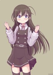 Rule 34 | &gt;:), 10s, 1girl, ahoge, asashio (kancolle), belt, black hair, black thighhighs, blue eyes, blush, clenched hands, cowboy shot, dress, dress shirt, grey background, hands up, highres, kantai collection, long hair, long sleeves, looking away, looking to the side, mikoko1, neck ribbon, overalls, pinafore dress, red ribbon, ribbon, shirt, simple background, sleeveless, sleeveless dress, smile, solo, standing, thighhighs, twitter username, v-shaped eyebrows, white shirt