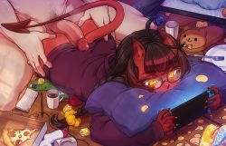 Rule 34 | 1boy, 1girl, ahoge, ass, ass grab, black hair, book, braid, chips (food), colored skin, commentary, cup, demon girl, demon horns, demon tail, english commentary, food, fork, glasses, grabbing another&#039;s ass, groping, hair ornament, hair scrunchie, handheld game console, hetero, higher resolution available, holding, holding handheld game console, hood, hood down, hoodie, horns, imminent penetration, indoors, long hair, long sleeves, lying, male pubic hair, meruccubus (merunyaa), merunyaa, nintendo switch, on stomach, open book, original, pen, penis, penis on ass, pillow, pizza, pizza slice, plate, potato chips, pubic hair, red skin, revision, scrunchie, solo focus, tail, uncensored, used tissue, yellow eyes