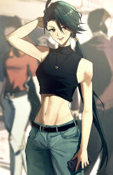 Rule 34 | 1girl, :d, abs, absurdres, bare arms, belt, black belt, black shirt, blurry, blurry background, blush, bright pupils, brown eyes, cellphone, creatures (company), cropped shirt, denim, earrings, game freak, green hair, green pants, hand up, highres, holding, holding phone, jeans, jewelry, long hair, madoro q, midriff, mixed-language commentary, navel, nintendo, open mouth, pants, phone, pokemon, pokemon sv, ponytail, rika (pokemon), shirt, sleeveless, sleeveless shirt, smile, teeth, upper teeth only, white pupils