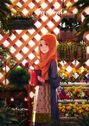 Rule 34 | 1girl, apron, blurry, brown eyes, depth of field, dress, english text, flower, garden, highres, hijab, looking at viewer, original, persona92, pinstripe dress, pinstripe pattern, smile, solo, striped, watering can