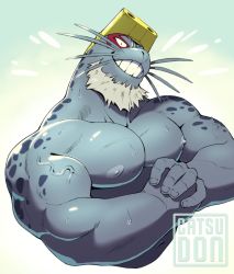 Rule 34 | 1boy, bara, beard, boku no hero academia, catsudon, cropped torso, facial hair, fins, fish boy, fist in hand, furry, furry male, goggles, goggles on head, grin, head tilt, large pectorals, looking at viewer, male focus, mature male, muscular, muscular male, navel, nipples, nude, pectorals, selkie (boku no hero academia), smile, solo, wet, whiskers