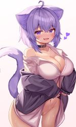 Rule 34 | 1girl, absurdres, ahoge, animal ear fluff, animal ears, bandaid, blush, breasts, cat ears, cat girl, cat tail, cleavage, collar, covered clitoris, crossed bangs, fang, hair between eyes, heart, highres, hololive, jacket, large breasts, long sleeves, looking at viewer, nekomata okayu, nekomata okayu (oversized shirt), no bra, no pants, open clothes, open jacket, open mouth, partially unbuttoned, purple eyes, purple hair, rodeo (rodeo neko), shirt, short hair, smile, solo, sweat, tail, traced, virtual youtuber