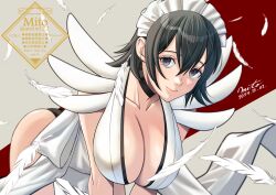 1girl apron black_hair blue_eyes breasts choker cleavage flipped_hair frilled_leotard frills hair_ornament iroha_(samurai_spirits) japanese_clothes lace-trimmed_apron lace_trim large_breasts leotard maid maid_headdress maid_leotard mito_amatsu samurai_spirits short_hair smile snk solo unconventional_maid