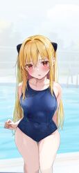 Rule 34 | 1girl, arm behind back, blonde hair, blush, breasts, collarbone, competition school swimsuit, covered erect nipples, covered navel, hair ornament, highres, konjiki no yami, long hair, looking at viewer, medium breasts, ocean, open mouth, outdoors, red eyes, rouka (akatyann), school swimsuit, solo, swimsuit, to love-ru, very long hair, wet, wet clothes, wet swimsuit