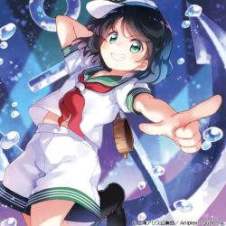 Rule 34 | 1girl, album cover, anchor, anchor print, arm behind head, black footwear, black hair, blue background, blush, boots, bubble, collared shirt, commentary request, cover, eyelashes, green eyes, green sailor collar, hat, holding, holding ladle, kito (sorahate), ladle, leg up, looking at viewer, midriff peek, murasa minamitsu, neckerchief, official art, open mouth, outstretched arm, pointing, pointing at viewer, puffy short sleeves, puffy sleeves, red neckerchief, sailor, sailor collar, sailor hat, sailor shirt, shadow, shirt, short hair, short sleeves, shorts, smile, teeth, touhou, touhou cannonball, underwater, v-shaped eyebrows, white headwear, white shirt, white shorts
