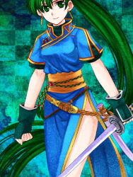 Rule 34 | 1girl, 74, checkered background, fingerless gloves, fire emblem, fire emblem: the blazing blade, gloves, green eyes, green hair, long hair, lyn (fire emblem), matching hair/eyes, nintendo, pelvic curtain, ponytail, scabbard, sheath, side slit, smile, solo, sword, unsheathed, very long hair, weapon
