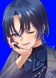 Rule 34 | 1girl, androgynous, black nails, blue background, blue eyes, blue hair, blue shirt, collared shirt, grey jacket, head rest, highres, hiodoshi ao, hololive, hololive dev is, jacket, jewelry, looking at viewer, mole, mole under mouth, nail polish, necklace, nepia irasuto, one eye closed, shirt, short hair, smile, solo, virtual youtuber