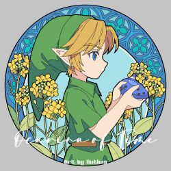Rule 34 | 1boy, blonde hair, blue eyes, border, child, commentary, english commentary, english text, flower, flute, gift, green headwear, hat, holding, holding flute, holding instrument, instrument, link, male focus, nintendo, pointy ears, rutiwa, short hair, smile, solo, the legend of zelda, the legend of zelda: ocarina of time, tunic, yellow flower, young link
