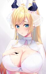 Rule 34 | 1girl, absurdres, alternate costume, animal ears, blonde hair, blue eyes, blush, bra, breasts, chest tattoo, commentary request, demon girl, fake animal ears, flower, frilled bra, frills, gradient background, grey background, hair flower, hair ornament, hand on own chest, heart, heart tattoo, highres, hololive, horns, large breasts, long hair, looking at viewer, oekaki zombie, pointy ears, rabbit ears, solo, swept bangs, tattoo, underwear, upper body, veil, virtual youtuber, white background, white bra, yuzuki choco