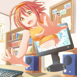 Rule 34 | 1girl, ahoge, arumi m, bare shoulders, book, bookshelf, breasts, brown eyes, brown hair, bulletin board, calendar (object), hairband, highres, keyboard (computer), large breasts, making-of available, monitor, navel, open mouth, original, photo (object), reaching, ringed eyes, short hair, solo, speaker, teeth, through medium, through screen