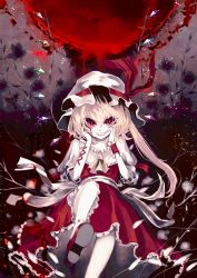 Rule 34 | 1girl, ascot, blonde hair, blood, bloody tears, crystal, dress, fangs, flandre scarlet, grin, hands on own face, hat, hat ribbon, highres, looking at viewer, mob cap, moon, puffy sleeves, red eyes, red moon, ribbon, sash, short sleeves, side ponytail, slit pupils, smile, socks, solo, touhou, uni (bom19850101), vampire, white socks, wings, wrist cuffs