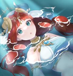 Rule 34 | 1girl, :o, absurdres, aqua eyes, bare shoulders, blue gemstone, breasts, brooch, circlet, crop top, detached sleeves, dutch angle, fake horns, gem, genshin impact, glint, gold trim, harem outfit, highres, horns, jewelry, long hair, looking at viewer, low twintails, medium breasts, navel, neck ring, nilou (genshin impact), parted bangs, parted lips, partially submerged, red hair, solo, stomach, t naa, twintails, upper body, veil, water, white headwear