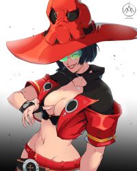 Rule 34 | 1girl, absurdres, black hair, cheymix, green-tinted eyewear, guilty gear, guilty gear strive, hat, highres, i-no, jacket, looking at viewer, midriff, red hat, red jacket, short hair, solo, sunglasses, tinted eyewear, venus symbol, witch hat