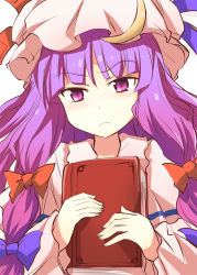 Rule 34 | &gt;:(, 1girl, annoyed, blue bow, blue ribbon, blunt bangs, blush, book, hugging book, bow, capelet, closed mouth, crescent, frown, hair bow, hat, hat ribbon, holding, holding book, long hair, looking at viewer, mob cap, hugging object, pajamas, patchouli knowledge, pink eyes, purple eyes, purple hair, red bow, red ribbon, ribbon, sidelocks, simple background, slit pupils, solo, suichuu hanabi, touhou, upper body, v-shaped eyebrows, white background