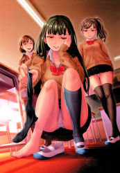Rule 34 | 3girls, barefoot, black skirt, blazer, blunt bangs, bow, bowtie, brown eyes, brown hair, brown jacket, buttons, ceiling light, chair, chalkboard, classroom, collared shirt, desk, evening, feet, fluorescent lamp, from below, full body, green eyes, green hair, hair over shoulder, half-closed eyes, hand on own cheek, hand on own face, highres, holding, i am homeko, index finger raised, indoors, jacket, kneehighs, unworn legwear, lens flare, long hair, looking at viewer, looking down, low ponytail, m meets girl, multiple girls, naughty face, panties, pantyhose, pantyshot, parted lips, pleated skirt, red bow, red bowtie, round teeth, school, school desk, shirt, shoes, unworn shoes, short hair, single shoe, skirt, socks, squatting, standing, sunlight, table, teeth, thighhighs, toes, underwear, upskirt, white footwear, white shirt, window, wing collar