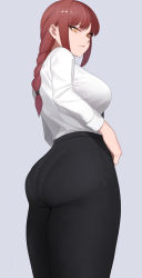 Rule 34 | 1girl, @ @, ass, back, blouse, blue background, braid, braided ponytail, breasts, chainsaw man, highres, long hair, looking at viewer, makima (chainsaw man), necktie, office lady, pantylines, red hair, ringed eyes, senju (snz0), shirt, simple background, single braid, solo, white shirt, yellow eyes