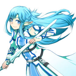 Rule 34 | 10s, 1girl, asuna (sao), asuna (sao-alo), blue eyes, blue hair, celsius2103, long hair, lowres, pointy ears, solo, sword, sword art online, weapon