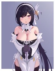 Rule 34 | 1girl, ?, absurdres, aj gtv, azur lane, bare shoulders, black gloves, black hair, black thighhighs, blush, border, breasts, chen hai (azur lane), china dress, chinese clothes, cleavage, commission, cowboy shot, dress, gloves, grey background, hairband, highres, lace, lace-trimmed thighhighs, lace trim, large breasts, long hair, long sleeves, looking at viewer, outside border, own hands together, parted lips, pink eyes, pixiv commission, simple background, solo, swept bangs, thighhighs, white border, white dress, white hairband