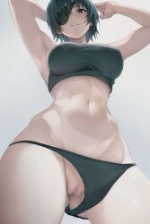 Rule 34 | 1girl, arms behind head, breasts, censored, chainsaw man, clothing aside, crop top, doujintraya, eyepatch, green eyes, green hair, green panties, highres, himeno (chainsaw man), large breasts, mosaic censoring, narrow waist, navel, panties, panties aside, pussy, short hair, simple background, sleeveless, smile, solo, stomach, thighs, underwear, underwear only, white background