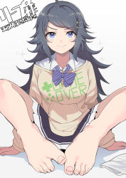 Rule 34 | 1girl, ahoge, arm support, bare legs, barefoot, black hair, black skirt, blue bow, blue bowtie, blue eyes, blush, bow, bowtie, closed mouth, commission, english text, feet, foreshortening, full body, goten (510gensoku), grey background, hair ornament, hairclip, highres, inohara koboshi, knees apart feet together, legs, long hair, long sleeves, looking at viewer, off shoulder, ongeki, pleated skirt, school uniform, shadow, shirt, sidelocks, simple background, sitting, skeb commission, skirt, smile, solo, spread toes, striped bow, striped bowtie, striped clothes, swept bangs, tan sweater, toenails, toes, translation request, unworn socks, white shirt, white skirt
