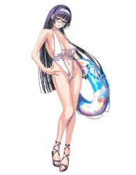 Rule 34 | 1girl, breasts, cleavage, contrapposto, covered erect nipples, female focus, front-tie top, full body, glasses, hand on own hip, highres, hime cut, innertube, large breasts, long hair, navel, nenchi, nipples, pale skin, purple eyes, purple hair, silver hair, simple background, slingshot swimsuit, solo, standing, swim ring, swimsuit, very long hair