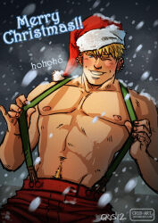 Rule 34 | 1boy, bara, blonde hair, blush, breath, cowboy shot, cris art, ear piercing, grin, hat, hulkling, looking at another, male focus, marvel, merry christmas, muscular, muscular male, navel hair, one eye closed, pants, pectorals, piercing, red pants, santa hat, seductive smile, short hair, smile, snowing, solo, suspenders pull, thick eyebrows, topless male