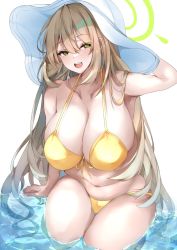 Rule 34 | 1girl, :d, armpits, bikini, blue archive, blush, breasts, cleavage, collarbone, front-tie top, green eyes, hair between eyes, halo, hat, highres, huge breasts, light brown hair, long hair, looking at viewer, mutou mame, navel, nonomi (blue archive), nonomi (swimsuit) (blue archive), official alternate costume, open mouth, smile, sun hat, swimsuit, teeth, upper teeth only, water, white headwear, yellow bikini