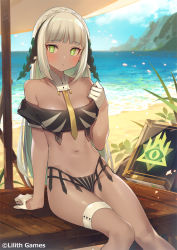 Rule 34 | 1girl, afk arena, arm support, beach, beach umbrella, bikini, black bikini, braid, breasts, day, detached collar, french braid, gloves, green eyes, hairband, hand up, long hair, looking at viewer, medium breasts, navel, ocean, off-shoulder bikini, off shoulder, outdoors, popqn, silver hair, sitting, solo, stomach, swimsuit, thigh strap, thighs, umbrella, water, white gloves