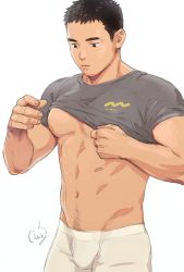 Rule 34 | 1boy, abs, bara, closed mouth, clothes lift, commentary request, gentle2nd, large pectorals, male focus, male underwear, mature male, muscular, muscular male, navel, nipples, original, pectorals, shirt lift, short hair, solo, underwear, white male underwear