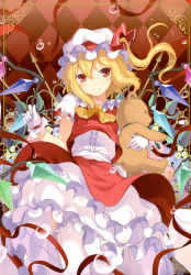 Rule 34 | 1girl, 6u (eternal land), :d, absurdres, blonde hair, flandre scarlet, frills, gloves, hat, highres, looking at viewer, mob cap, open mouth, red eyes, scan, side ponytail, smile, solo, stuffed animal, stuffed toy, teddy bear, touhou, white gloves, white hat, wings