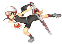 Rule 34 | 1boy, bat wings, boots, child, demon wings, elsword, elsword (character), fire, gloves, hat, male focus, matching hair/eyes, red eyes, red hair, short hair, shorts, simple background, socks, solo, sword, tail, vest, waysin966, weapon, white background, wings