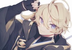 Rule 34 | 1boy, black coat, blonde hair, blue eyes, closed mouth, coat, coojisan, dutch angle, eyes visible through hair, hair between eyes, highres, holostars, kishido temma, looking at viewer, male focus, simple background, smile, solo, upper body, virtual youtuber, white background
