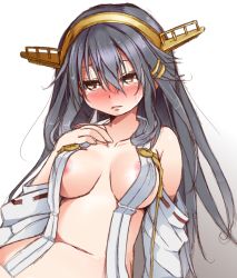 Rule 34 | 10s, 1girl, black hair, blush, bottomless, breasts, brown eyes, covered erect nipples, detached sleeves, haruna (kancolle), highres, kantai collection, long hair, naz (garyuuya), nipples, no bra, out-of-frame censoring, solo