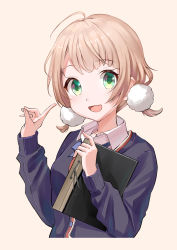 Rule 34 | 1girl, absurdres, ahoge, blonde hair, blush, collared shirt, commentary, fengy, folder, green eyes, hair ornament, highres, holding, holding folder, indie virtual youtuber, looking at viewer, open mouth, orange background, pom pom (clothes), pom pom hair ornament, shigure ui (vtuber) (2nd costume), shigure ui (vtuber), shirt, short ponytail, simple background, solo, virtual youtuber