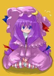 Rule 34 | 1girl, blue eyes, blush, capelet, crescent, dress, female focus, frills, hat, long hair, long sleeves, looking at viewer, mob cap, patchouli knowledge, purple dress, purple hair, simple background, sitting, solo, striped, tao, tao (kadoya), touhou, vertical stripes, yellow background