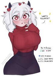 Rule 34 | 1girl, ?, amadeen, blush, breasts, hand up, heart, heart-shaped pupils, helltaker, high-waist skirt, horns, large breasts, long sleeves, looking at viewer, modeus (helltaker), red eyes, short hair, simple background, skirt, solo, sweater, symbol-shaped pupils, turtleneck, white hair