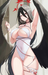 Rule 34 | 1girl, absurdres, arm up, armpits, black hair, black wings, blue archive, breasts, choker, cleavage, covered navel, groin, halo, hasumi (blue archive), highres, kittf, large breasts, large wings, long hair, one-piece swimsuit, parted lips, red eyes, skindentation, solo, swimsuit, thighs, very long hair, white one-piece swimsuit, wide hips, wings