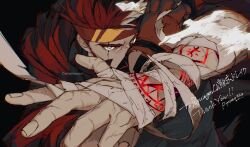 Rule 34 | 1boy, bandaged arm, bandages, black shirt, body markings, brown gloves, cape, commission, english text, facial hair, gloves, hand focus, highres, indie virtual youtuber, looking at viewer, loose bandages, male focus, multicolored hair, piyomotsu, red cape, red hair, ryuugen drake, scar, scar across eye, scar on face, shirt, short hair, single glove, solo, two-tone hair, virtual youtuber, white hair