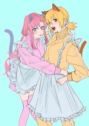 Rule 34 | 2girls, animal ears, apron, blonde hair, blue eyes, blush, breasts, cagalli yula athha, cat ears, cat girl, cat tail, comeume, gundam, gundam seed, gundam seed destiny, gundam seed freedom, hair ornament, highres, jersey, lacus clyne, long hair, looking at viewer, low ponytail, maid apron, medium breasts, multiple girls, open mouth, pink hair, ponytail, short hair, short ponytail, smile, sportswear, tail, thighhighs, uniform, yellow eyes