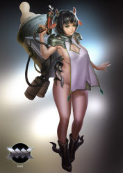 Rule 34 | 1girl, absurdres, animal ears, ankle boots, baby bottle, bare legs, bob cut, boots, bottle, breasts, cleavage, cleavage cutout, clothing cutout, cow ears, cow girl, cow horns, female focus, gradient background, green eyes, highres, horns, kww868, large breasts, no bra, no panties, pinky out, revealing clothes, short hair, sideboob, simple background, solo, trigger discipline, water gun
