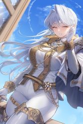 Rule 34 | 1girl, absurdres, aiguillette, artworks/98301521, blue sky, breasts, capelet, cloud, cowboy shot, day, dutch angle, earrings, elf, floating hair, gloves, grey eyes, hair intakes, high collar, highres, jacket, jewelry, large breasts, long hair, long sleeves, looking at viewer, mendou kusai, military, military uniform, open window, original, pants, parted lips, pointy ears, sky, smile, solo, standing, thigh strap, tight clothes, tight pants, uniform, very long hair, white gloves, white hair, white jacket, white pants, window, wrist cuffs