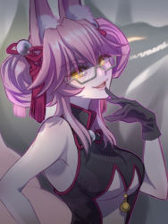 Rule 34 | 1girl, animal ears, armpits, black dress, black gloves, breasts, china dress, chinese clothes, double bun, dress, evil smile, fate/grand order, fate (series), fox ears, glasses, gloves, grey-framed eyewear, grey background, hair bun, kassan (kassan 5a), koyanskaya (chinese lostbelt outfit) (fate), koyanskaya (fate), looking at viewer, open mouth, pink hair, semi-rimless eyewear, short hair, smile, solo, tamamo (fate), tassel, underboob, upper body, yellow eyes