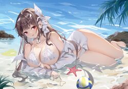 1girl absurdres ball bare_legs bare_shoulders barefoot beach bikini breasts brown_hair collarbone goddess_of_victory:_nikke heart heart_necklace highres jewelry jingying_baobao_shanliangliang large_breasts long_hair looking_at_viewer lying lying_on_water necklace ocean official_alternate_costume parted_lips red_eyes sand shirt solo starfish summer swimsuit toes viper_(nikke) viper_(shine_of_love)_(nikke) volleyball_(object) white_bikini white_shirt