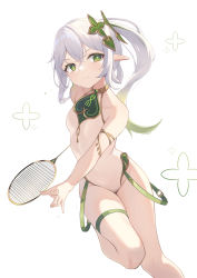 Rule 34 | &gt;:(, + +, 1girl, adapted costume, airool, armlet, badminton racket, bare shoulders, breasts, closed mouth, genshin impact, gradient hair, green eyes, green hair, grey hair, highres, holding, leg up, leotard, long hair, looking at viewer, multicolored hair, nahida (genshin impact), pointy ears, racket, side ponytail, simple background, small breasts, solo, standing, standing on one leg, thigh strap, v-shaped eyebrows, white background, white leotard