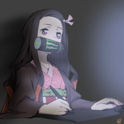 Rule 34 | 1girl, bags under eyes, black hair, black haori, can, checkered sash, commentary request, drawing, drawing board, drawing tablet, drink can, energy drink, grey theme, hair ribbon, highres, holding, holding stylus, ishii onkami, japanese clothes, kamado nezuko, kimetsu no yaiba, kimono, long hair, long sleeves, monster energy, mouth hold, pink eyes, pink kimono, pink ribbon, product placement, ribbon, soda can, solo, stylus, upper body, wide sleeves