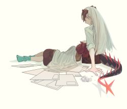 Rule 34 | 2girls, arknights, bad id, bad twitter id, crumpled paper, feather hair, green legwear, highres, horns, long hair, multiple girls, pants, papers, red eyes, red hair, red pants, saria (arknights), shirt, silence (arknights), tail, white background, white hair, white shirt, zy (zyyyyyyy9)